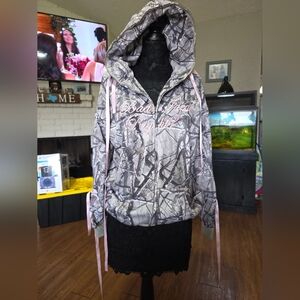 ROMWE Gray Camo Hooded Pullover with Pink Drawstrings